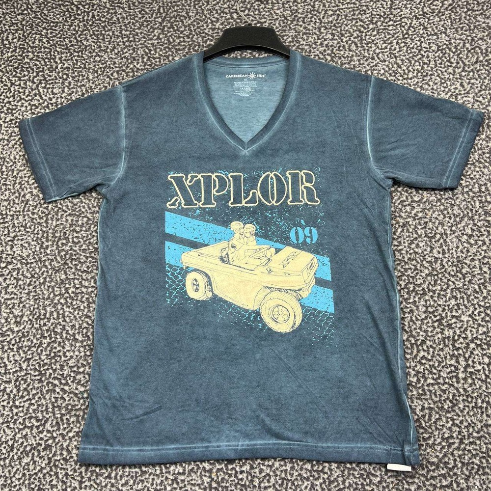 Caribbean Side XPLOR 09 Graphic Shirt Men Large Blue Short Sleeve V-Neck L